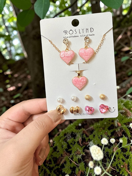 Pink heart pendant and earrings set