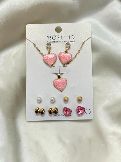 Pink heart pendant and earrings set