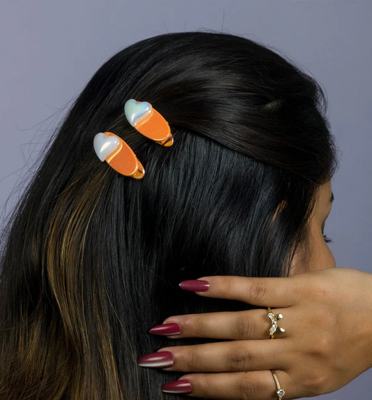 Iridescent heart hair clip set