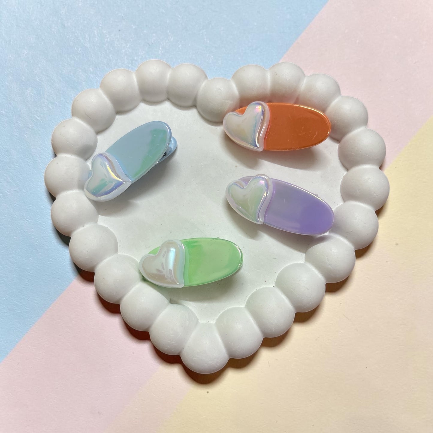 Iridescent heart hair clip set