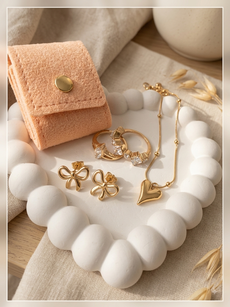 A styled flat-lay of gold jewelry including a heart pendant necklace, ring, earrings, and a peach felt jewelry pouch on a white beaded tray with neutral fabric and dried wheat accents.