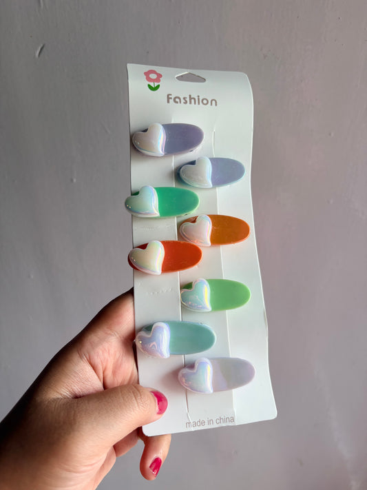 Iridescent heart hair clip set